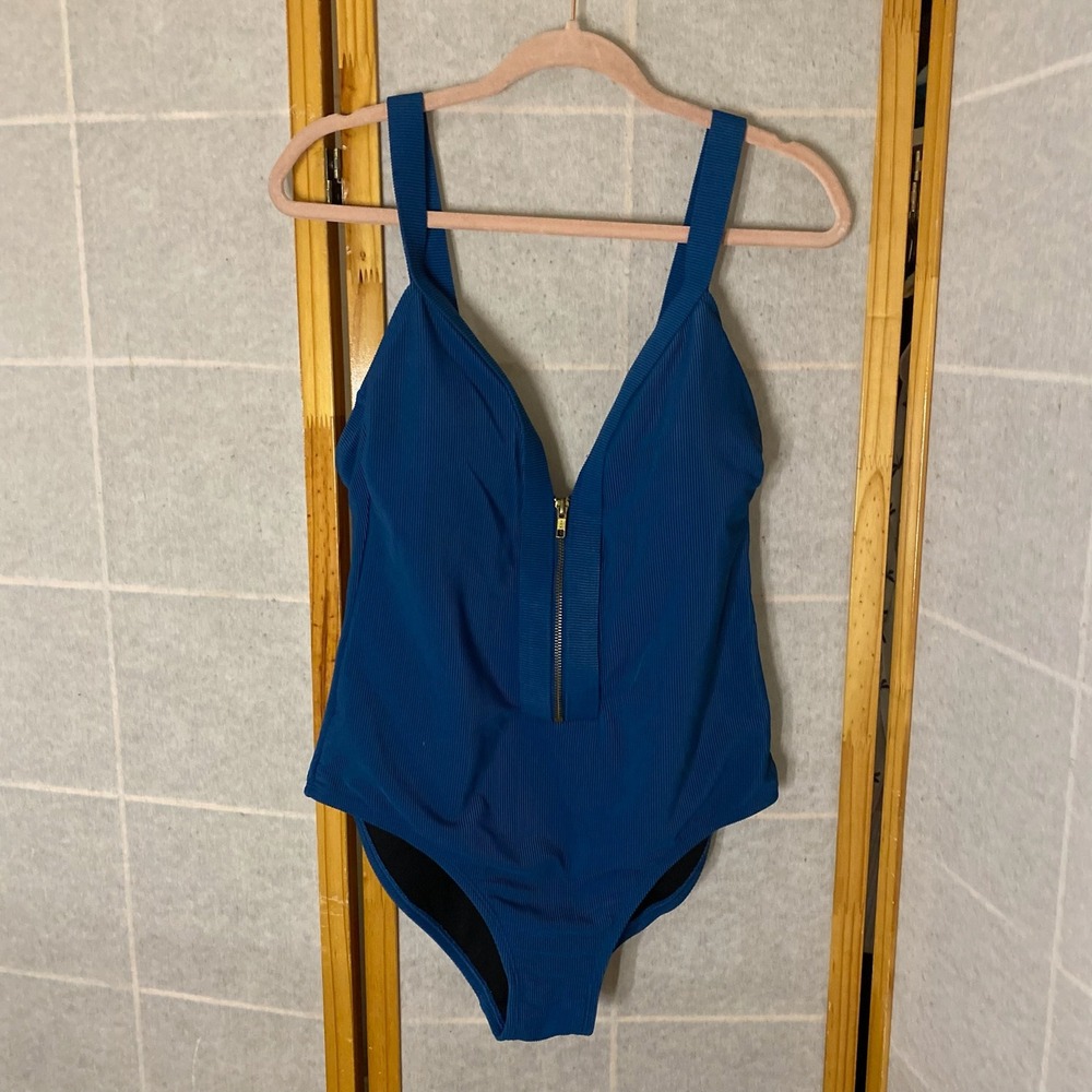 Kona Sol Teal Ribbed Zip Front One Piece Swimsuit Women's Size L